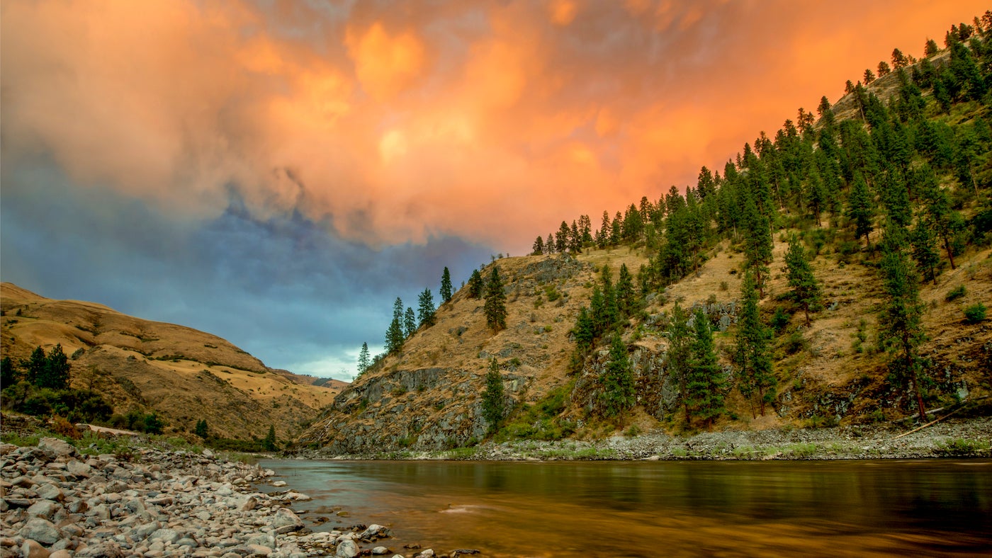 Sunset on the Salmon river, Maloney Creek camp, Idaho.