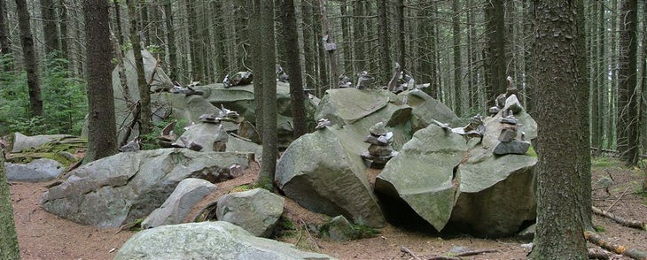 A cluster of cairns mark a boulder field south of Rutland, Vermont None
