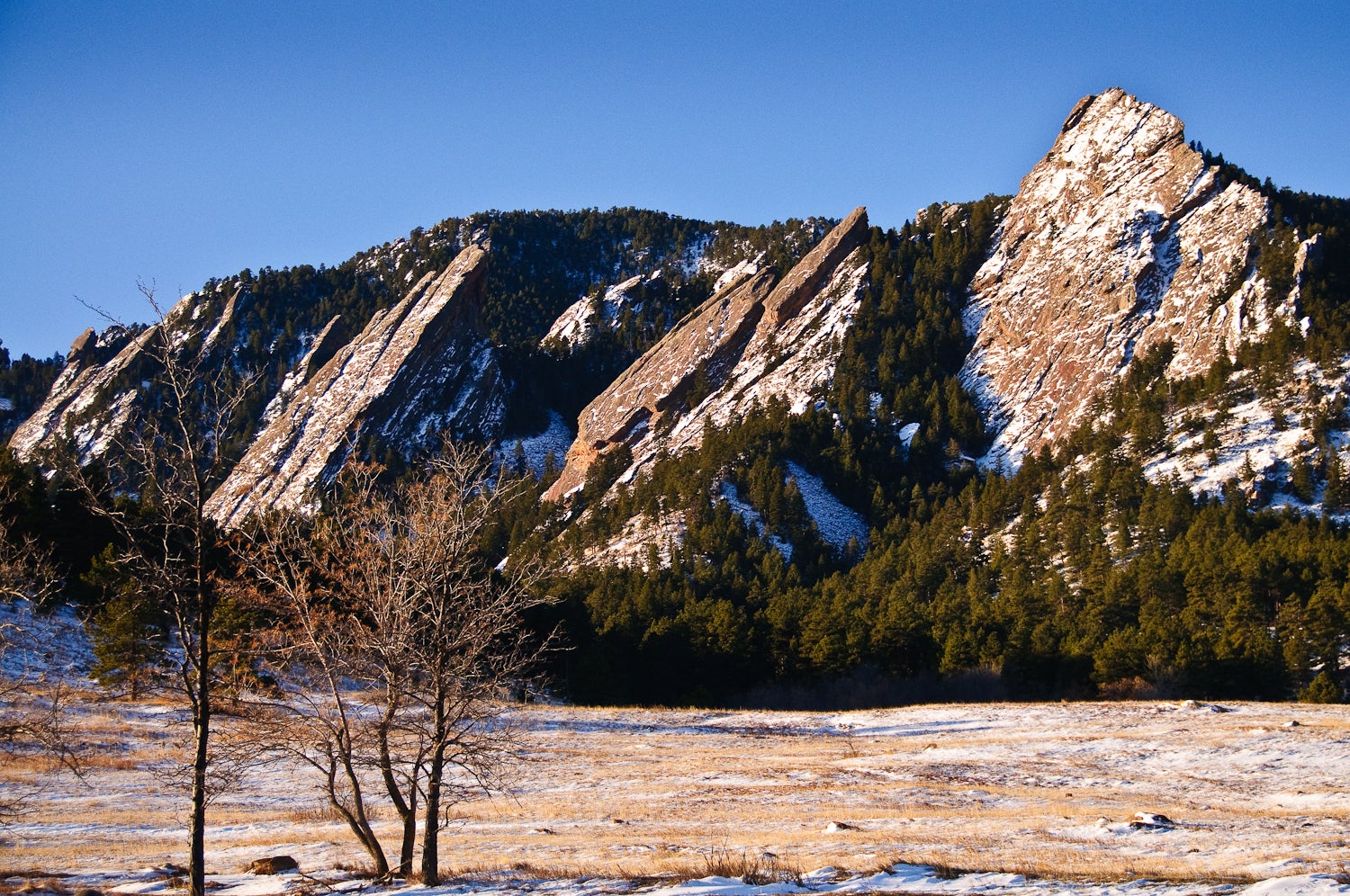The Flatirons at dawn at the beginning of the Flatirons Loop Trail.