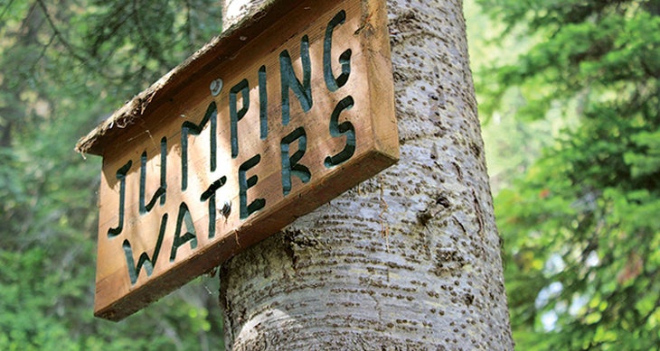 Jumping Waters Wooden signs add to the charm of the Mountain Lakes Trail, also known as Heiko’s Trail, after its primary creator.