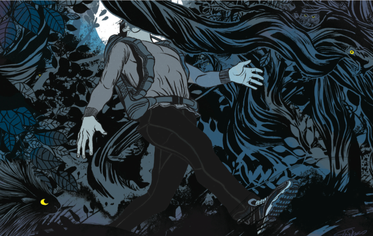 "Night hiking is a great way to commune with nature. Just don't wander off a cliff. (Illustration by Jacob Thomas)"