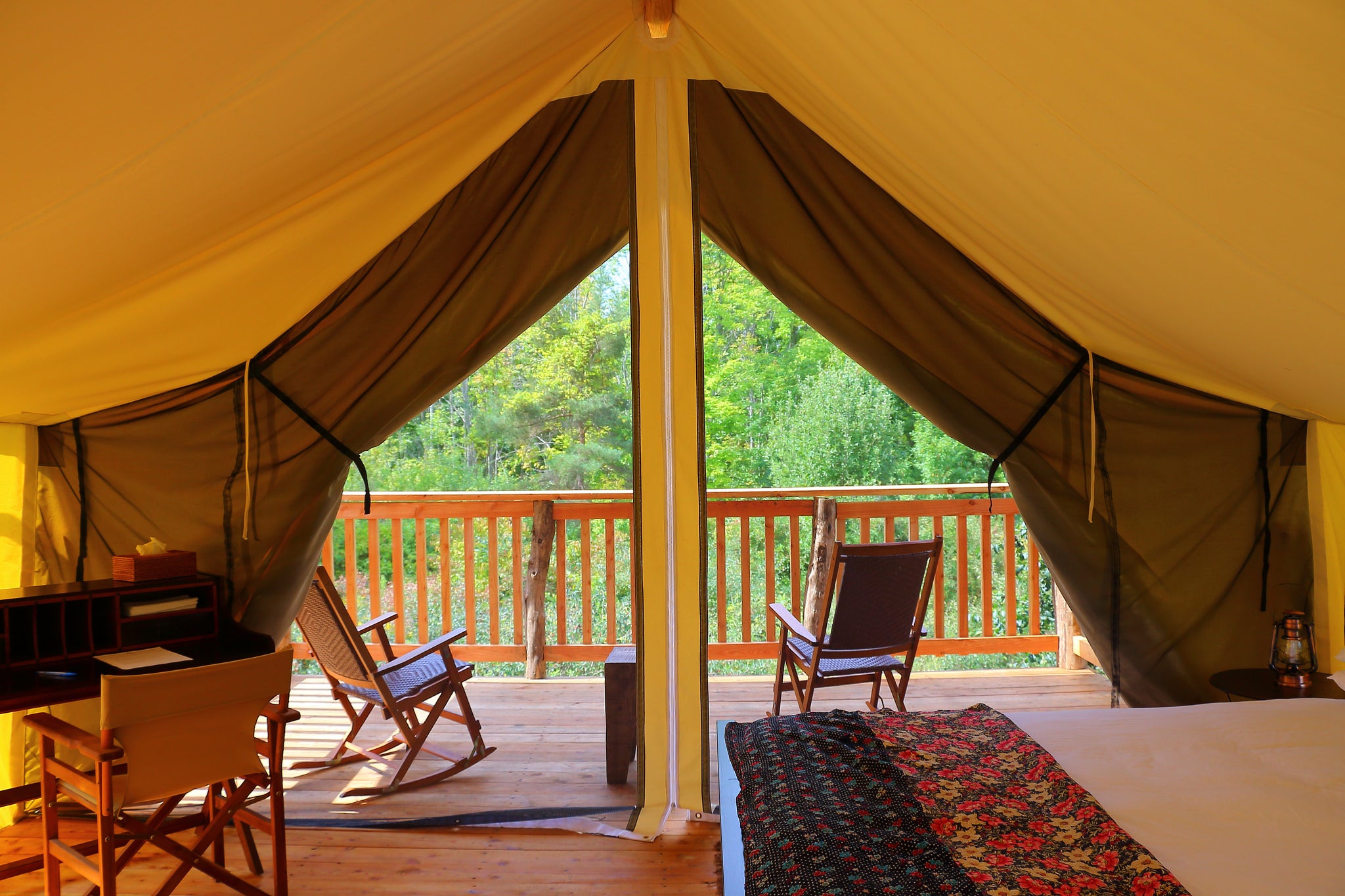 "Interior of glamping tent"