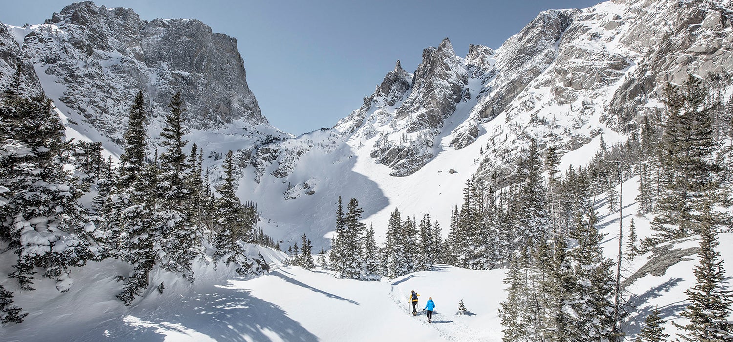"Two people in yellow and blue jackets move through snow covered pine trees in the snowy Estes Park. Mountain ridges are close."