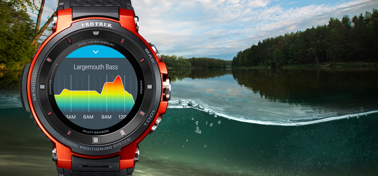 "Casio Pro Trek watch sits on screen with Fishbrain data showing. The background is a split shot featuring both underneath the water of a river and…"