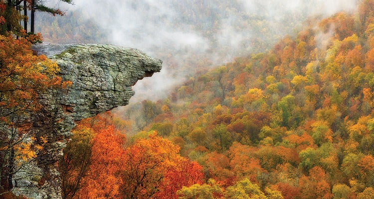 Colorful fall foliage sets the backdrop for a stunning view of Hawksbill Crag.