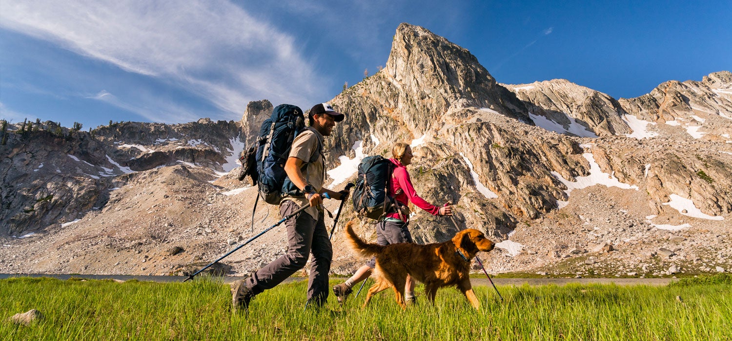 "Two people are walking with trekking poles and backpacks next to a light brown dog in a grassy field with rocky mountains in the background."