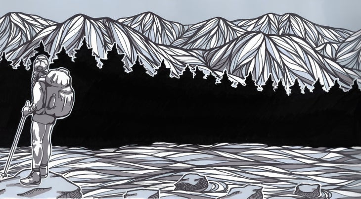 HeidiNisbett_MerrellBackpackerDesign Blue, gray, black, and white mountain-scape. A silhouette of evergreen trees splits the mid-ground. A woman in a backpack stands with a walking stick…