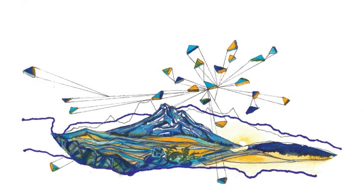 Nika Meyers_Merrell_BP_TrailbyDesign_4.17.19 Nika Meyers Trail by design art. Royal blue, teal, and marigold are used in lines and small color blocking to create a mountainscape that overlays…