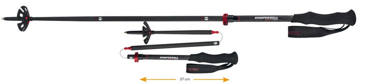 Komperdell FXP collapsible trekking pole sits on a white background in both extended form and below it the collapsed version sits next to a line that…