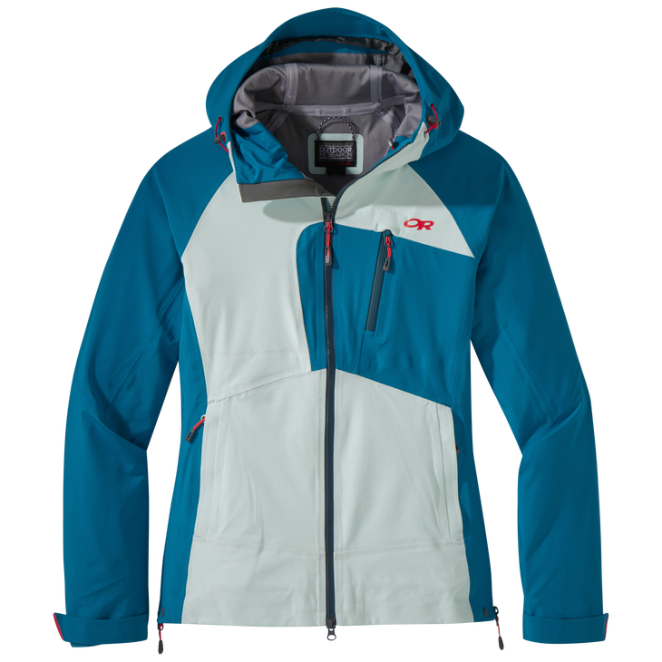 2680941627 Teal and light blue Outdoor Research Skyward II jacket with AscentShell sits on a white background.