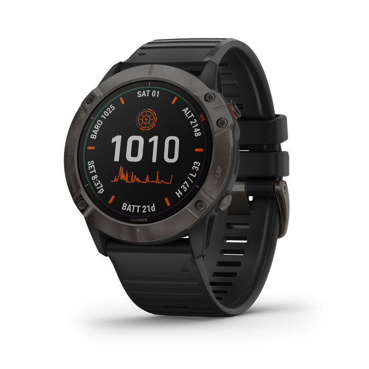 fenix6X-ProSolar_HR_1000.53 Garmin fenix 6 Solar Pro watch with a black band sits on a white background. The watchface has a white 1010 above a graph line.