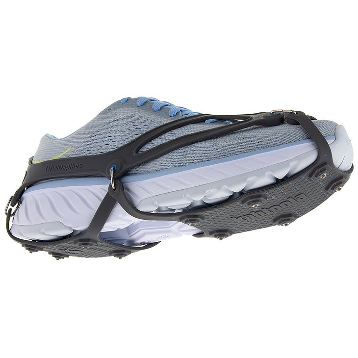 Kahtoola_NSsideBotBlk_1370 Black Kahtoola NANOspikes wrap around a light blue running shoe.