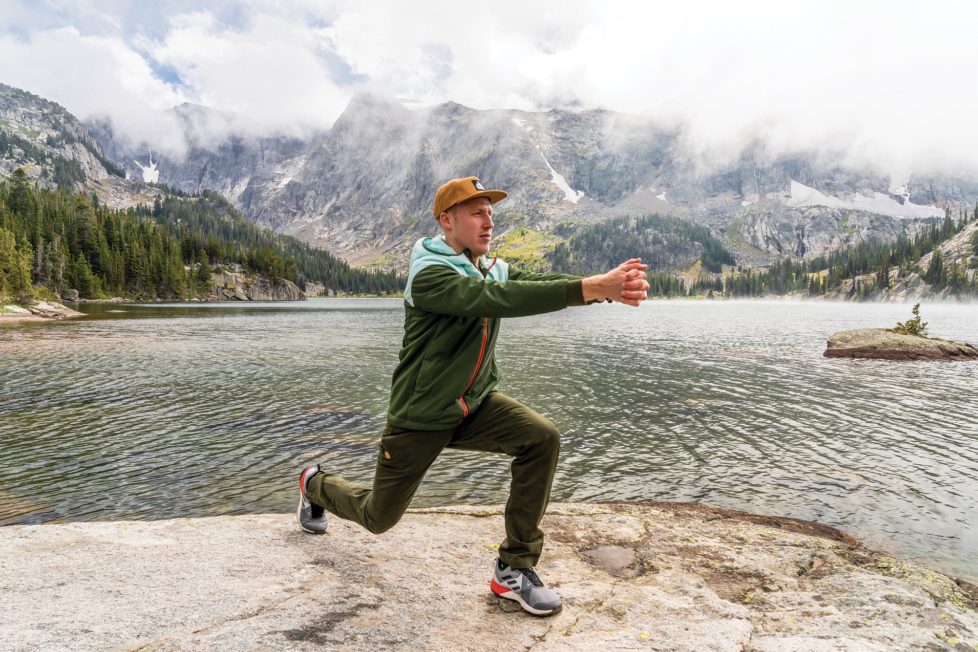 "Exercising by a mountain lake"
