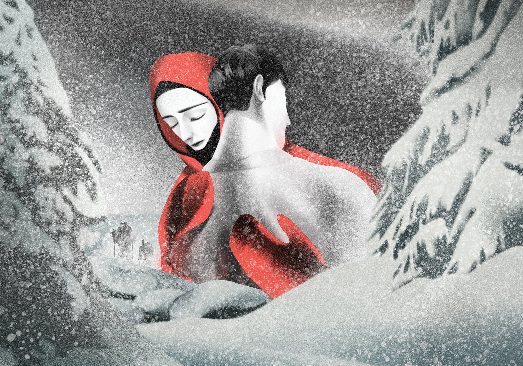 "two people hugging on snowy background"