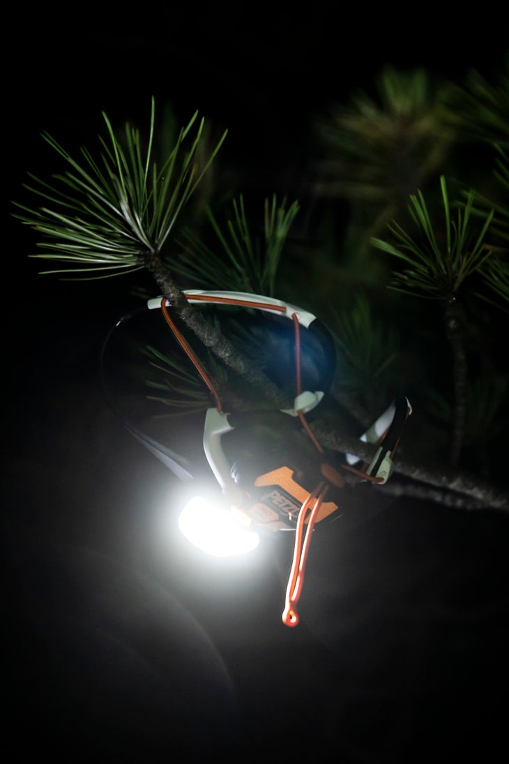Petzl_strange_01_chandelier headlamp hanging on pine tree branch.