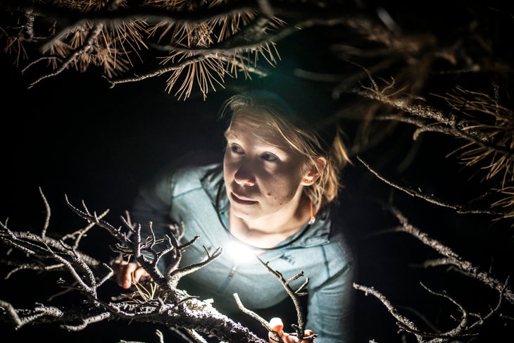 Petzl_strange_13_caves and tunnels Woman creeping through trees with headlamp.