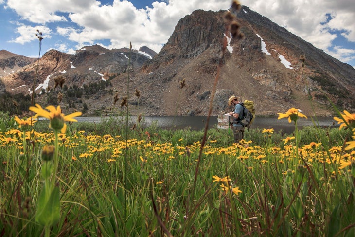 Summit Lake Checking the map after stopping for an afternoon swim at flower-surrounded Summit Lake (10,500), in the Hoover Wilderness, Sierra High Route,…