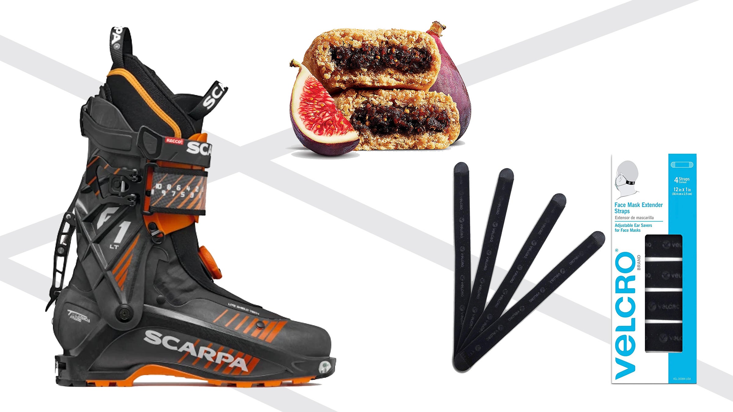 ski boots, velcro straps, and fig bars