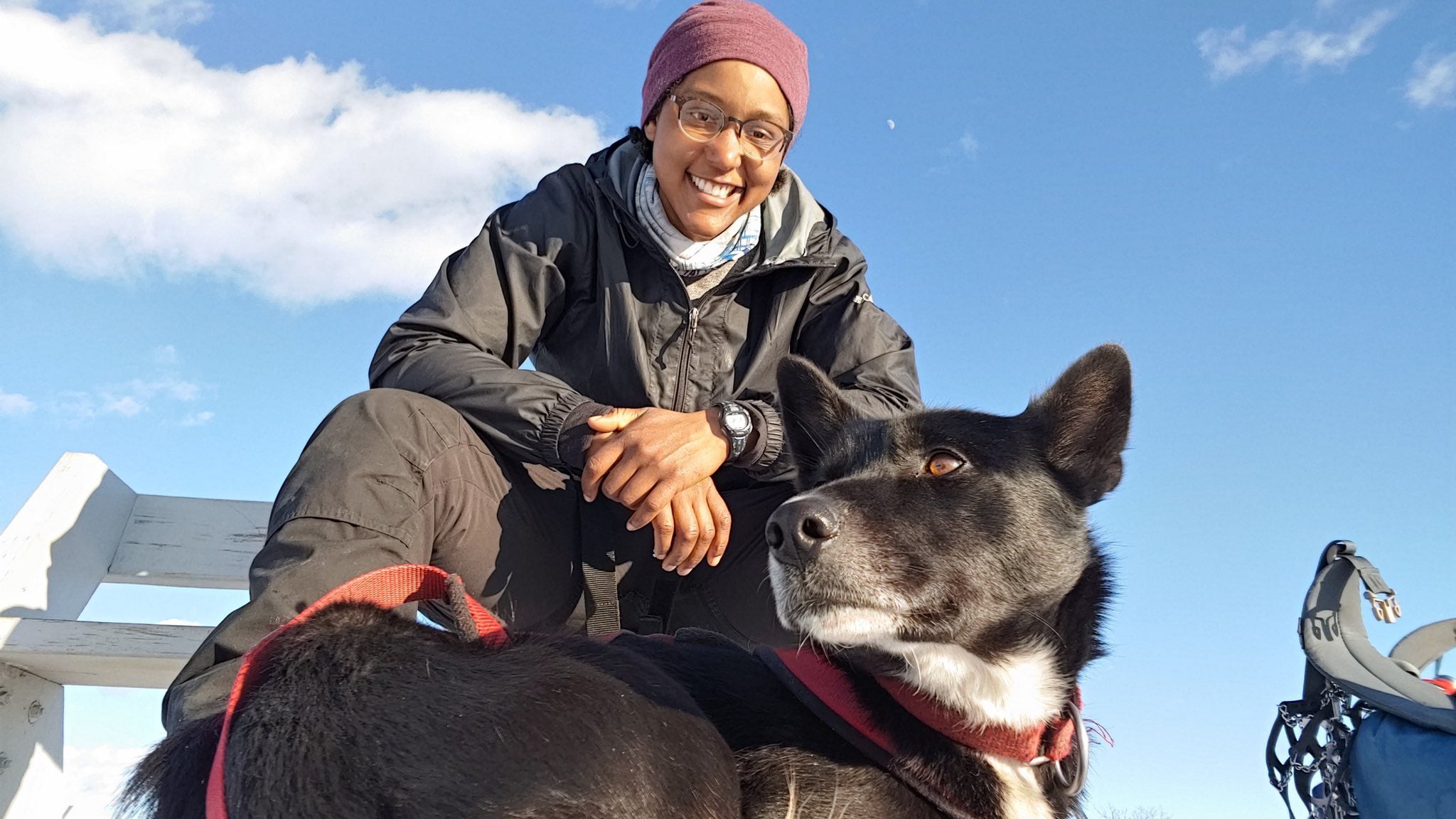 Hiker Emily Ford and Diggins the Dog in the snow