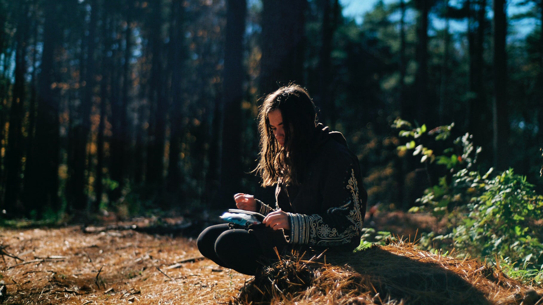 person writing in a notebook in the forest
