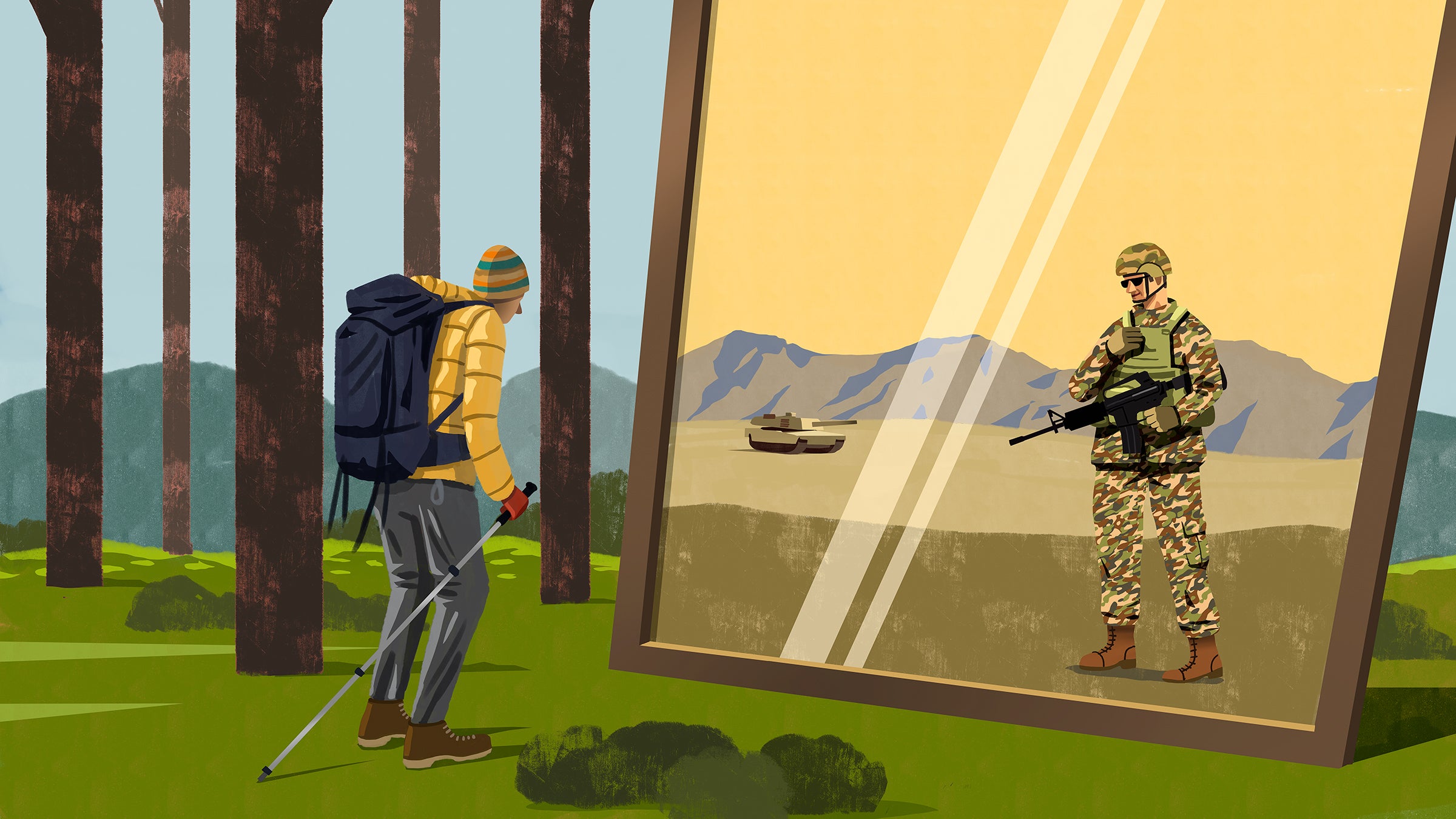 Illustration of hiker looking in mirror at soldier