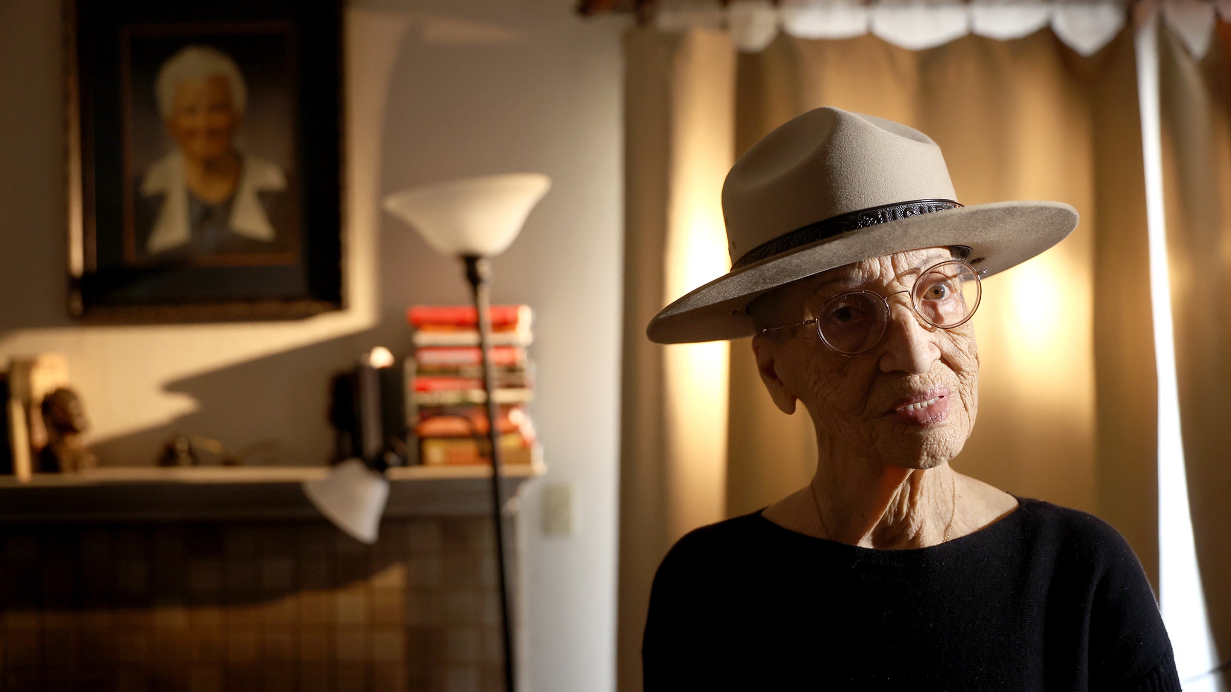 RICHMOND, CALIFORNIA - SEPTEMBER 21: Betty Reid Soskin, the oldest full-time National Park Service ranger in the United States, poses for a portrait in her home a day before her 100th birthday on September 21, 2021 in Richmond, California. On her 100th birthday, Soskin had a middle school in El Sobrante, California named after her. She currently works at the Rosie the Riveter/World War II Home Front National Historical Park where she leads tours, speaks to groups and answers questions about living and working in the area during World War Two. Soskin worked as a clerk for the Boilermakers A-36 in Richmond, California during the war. (Photo by Justin Sullivan/Getty Images)