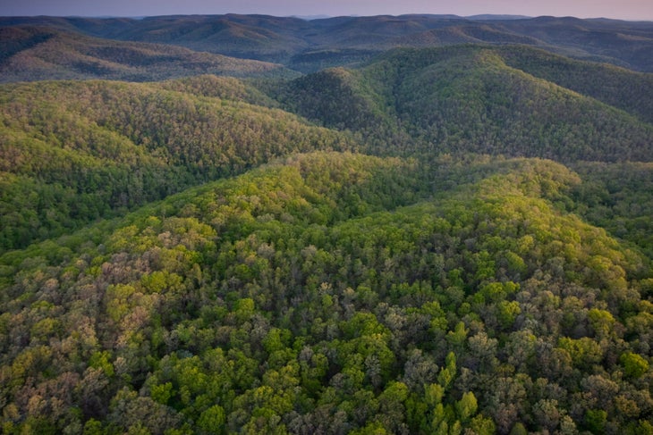 Aerial of Richland Creek Wilderness at sunrise, Ozark Highlands Trail, Arkansas.