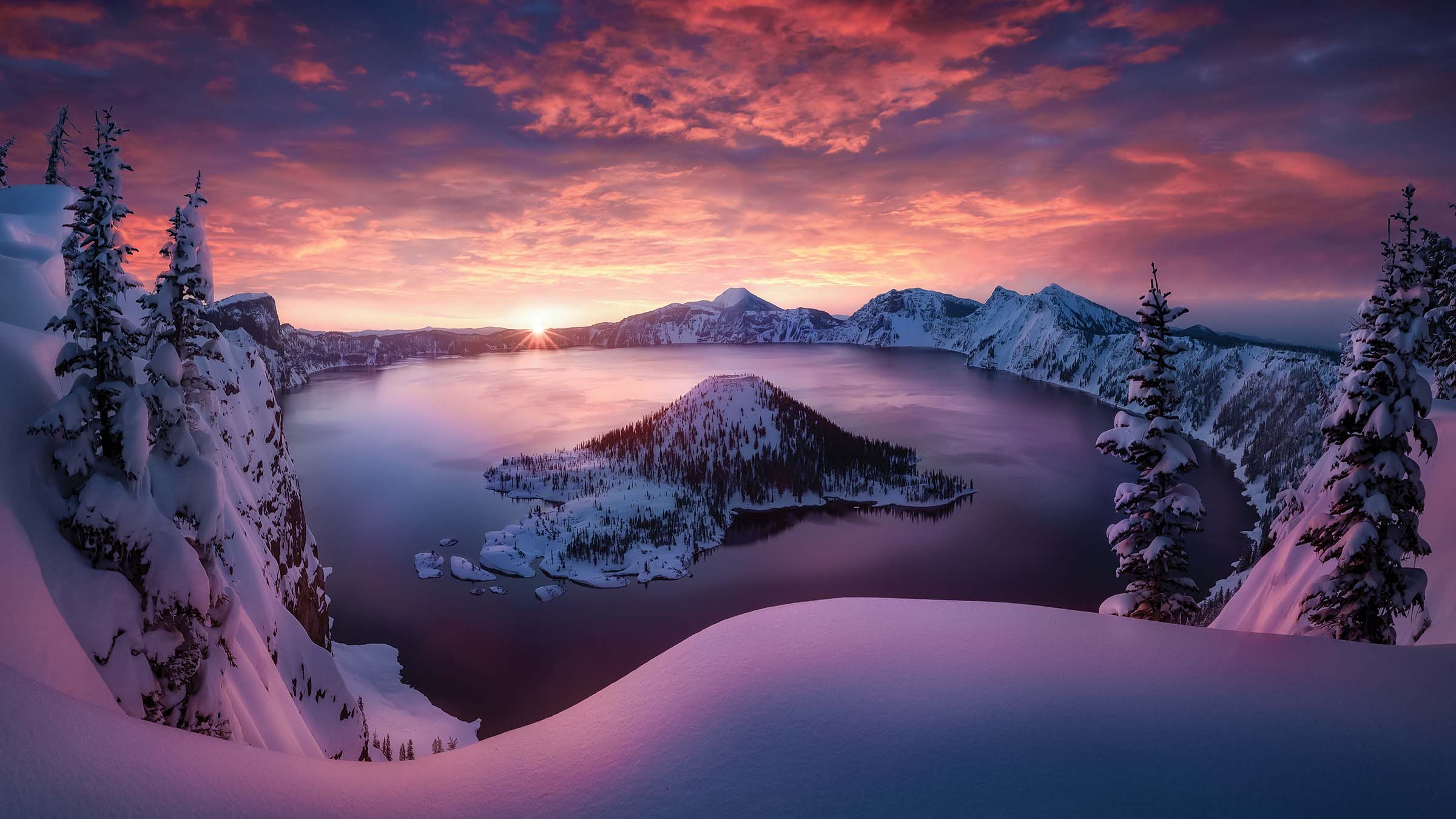 crater lake in winter