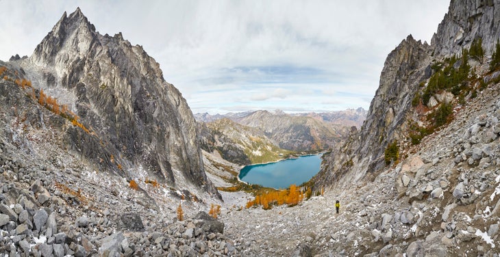 Hiker climbing Aasgard Pass, The Enchantments