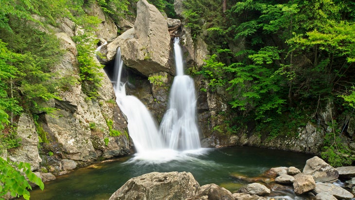 Bash Bish Falls into a green pool - a swimming hole in the Berkshires, and the tallest waterfalls in Massachusets.