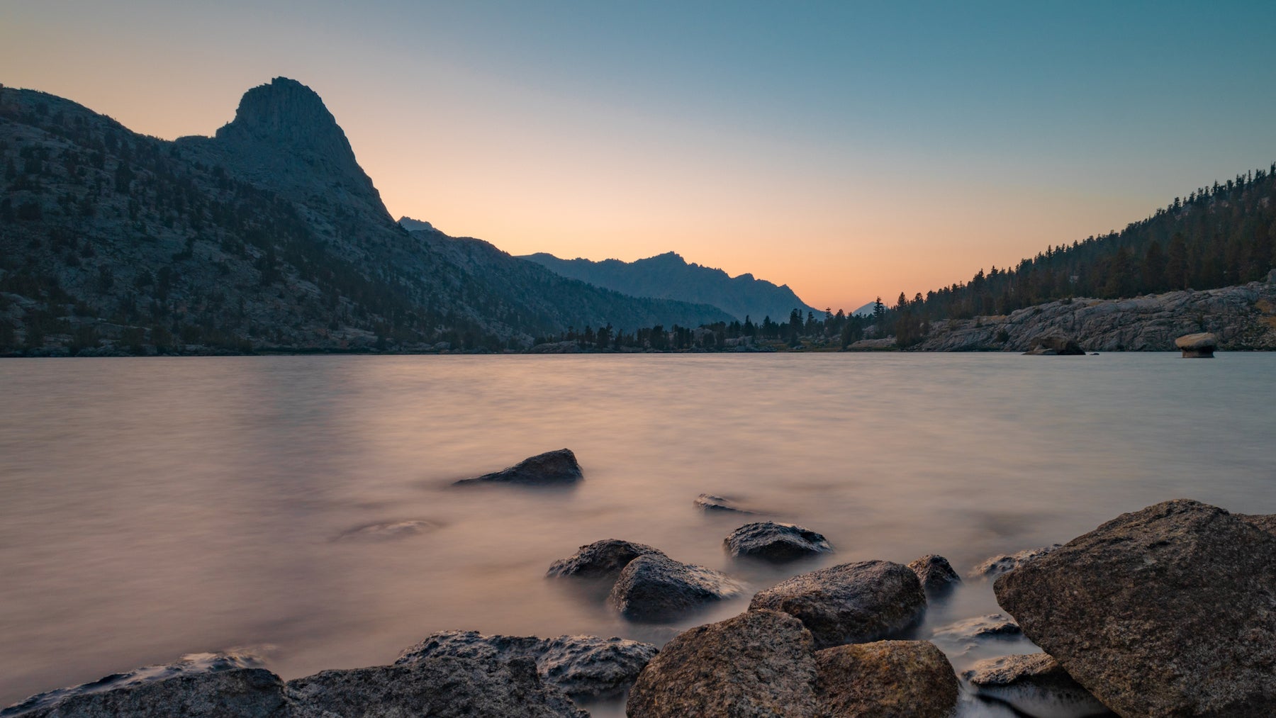 Fine Dome at sunset, Scenic view of lake against clear sky during sunset, Rae Lakes, California