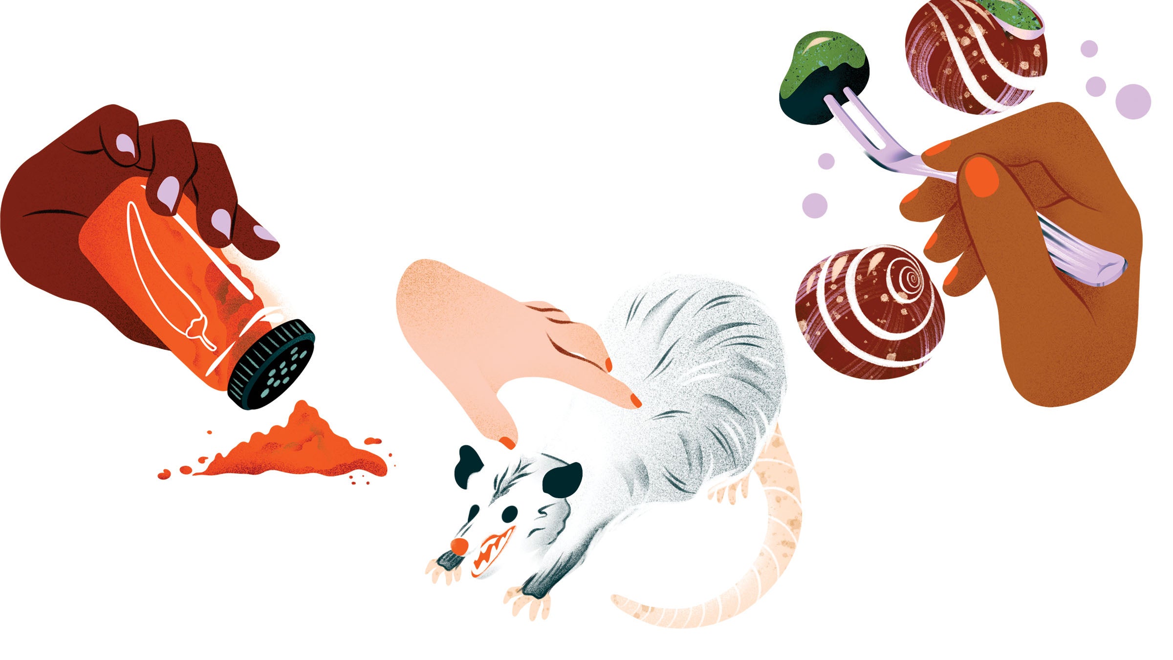 cayenne pepper, possum, and escargot