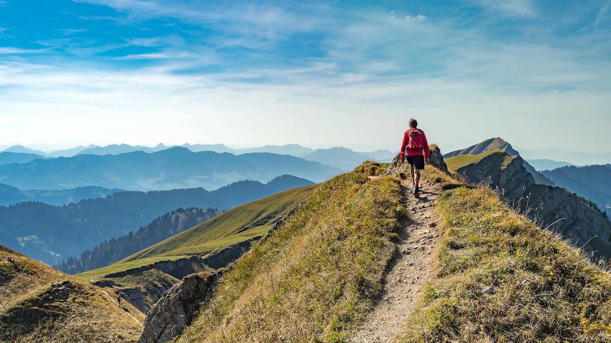 senior woman, hiking in fall