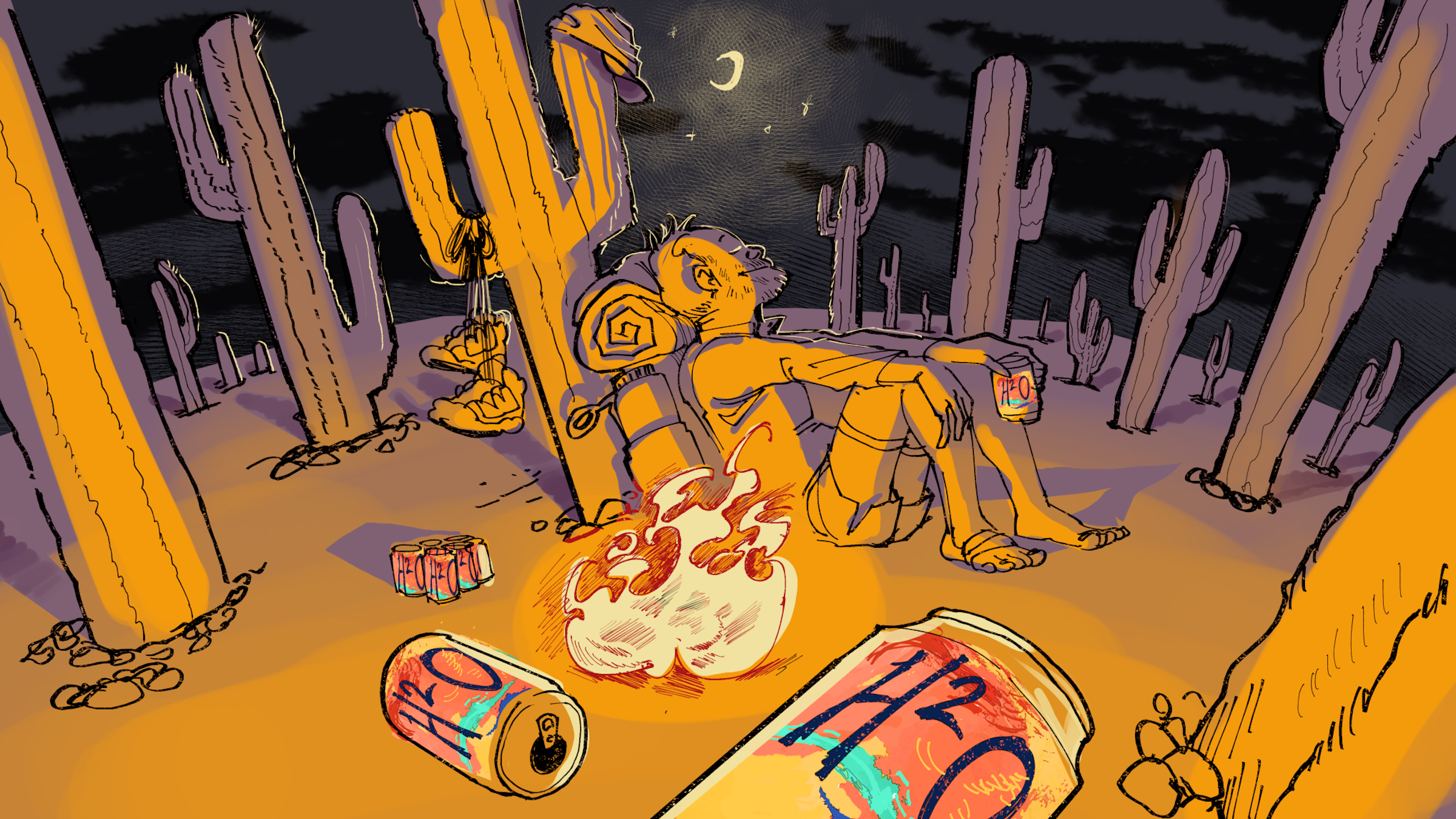 illustration of man sitting by fire among cacti