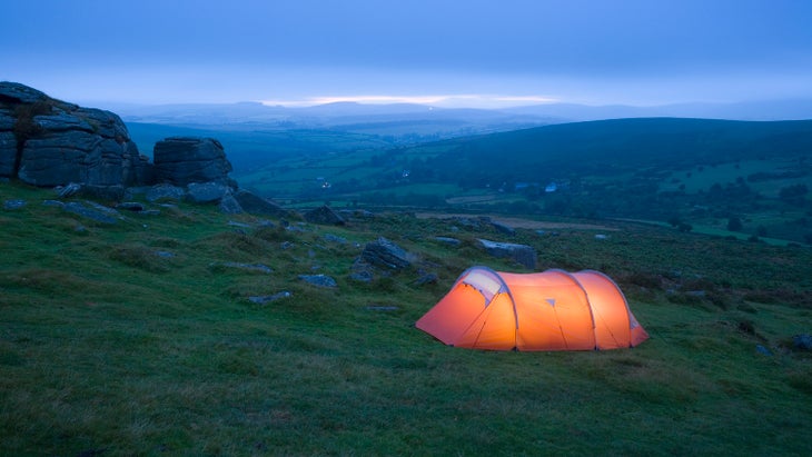 Wild Camping on Yar Tor at Dusk. Dartmoor National Park