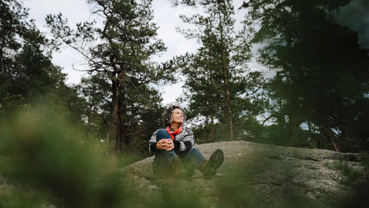 woman sitting on mountain surrounded by tree in forest