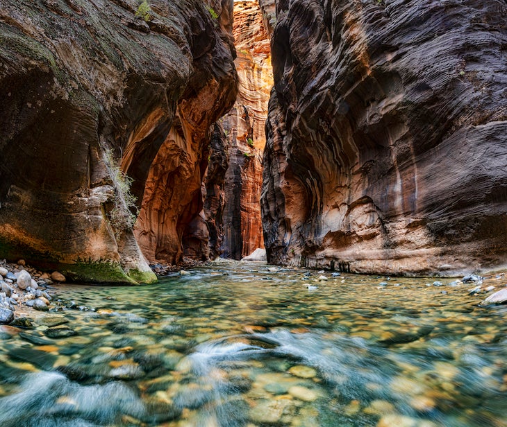 Virgin River flowing through a narrow Canyon in Zion National Park