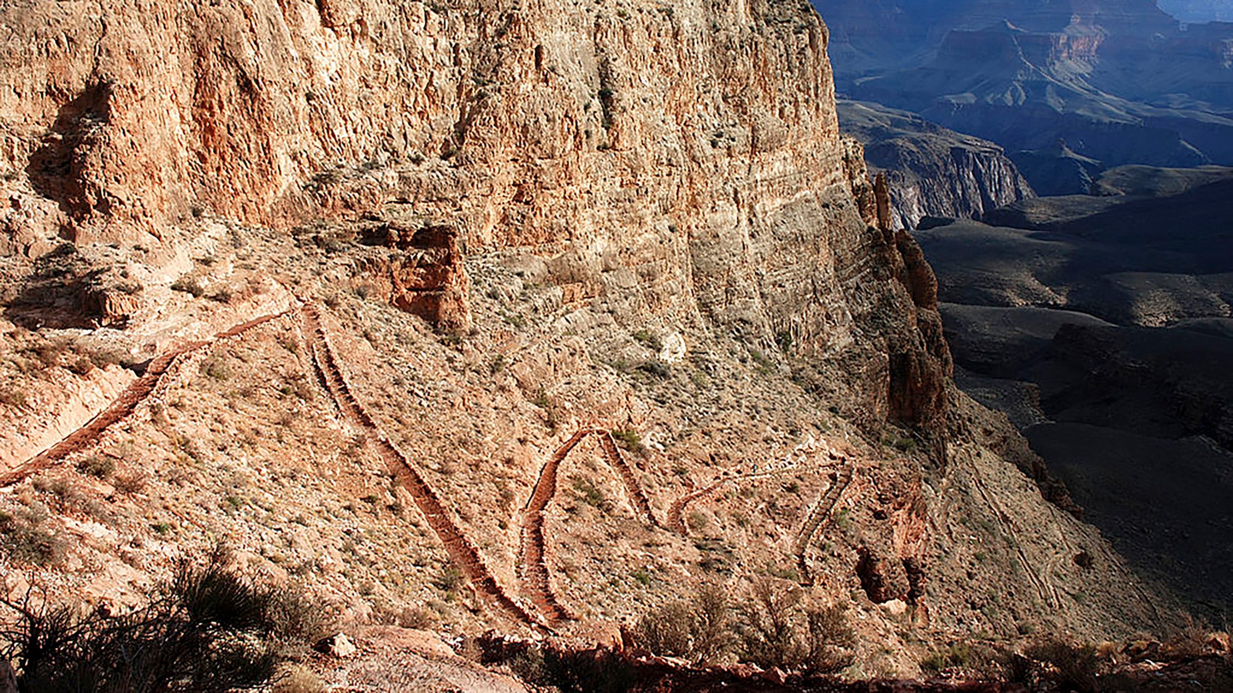 The South Kaibab trail drops down into the Grand Canyon.