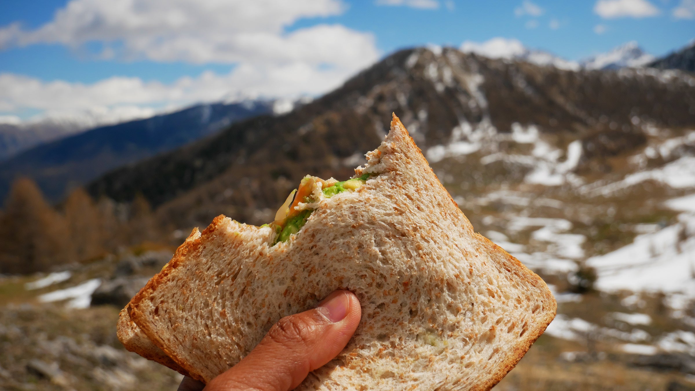 Close-up of a sandwich with mountains in the background.