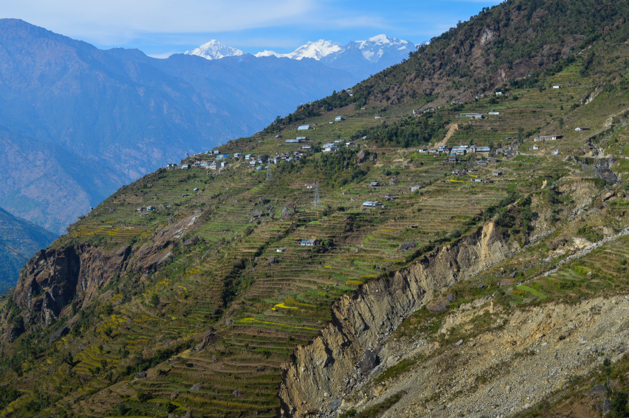 Langtang, Nepal View of the stepped farmland on the road to Langtang, Nepal