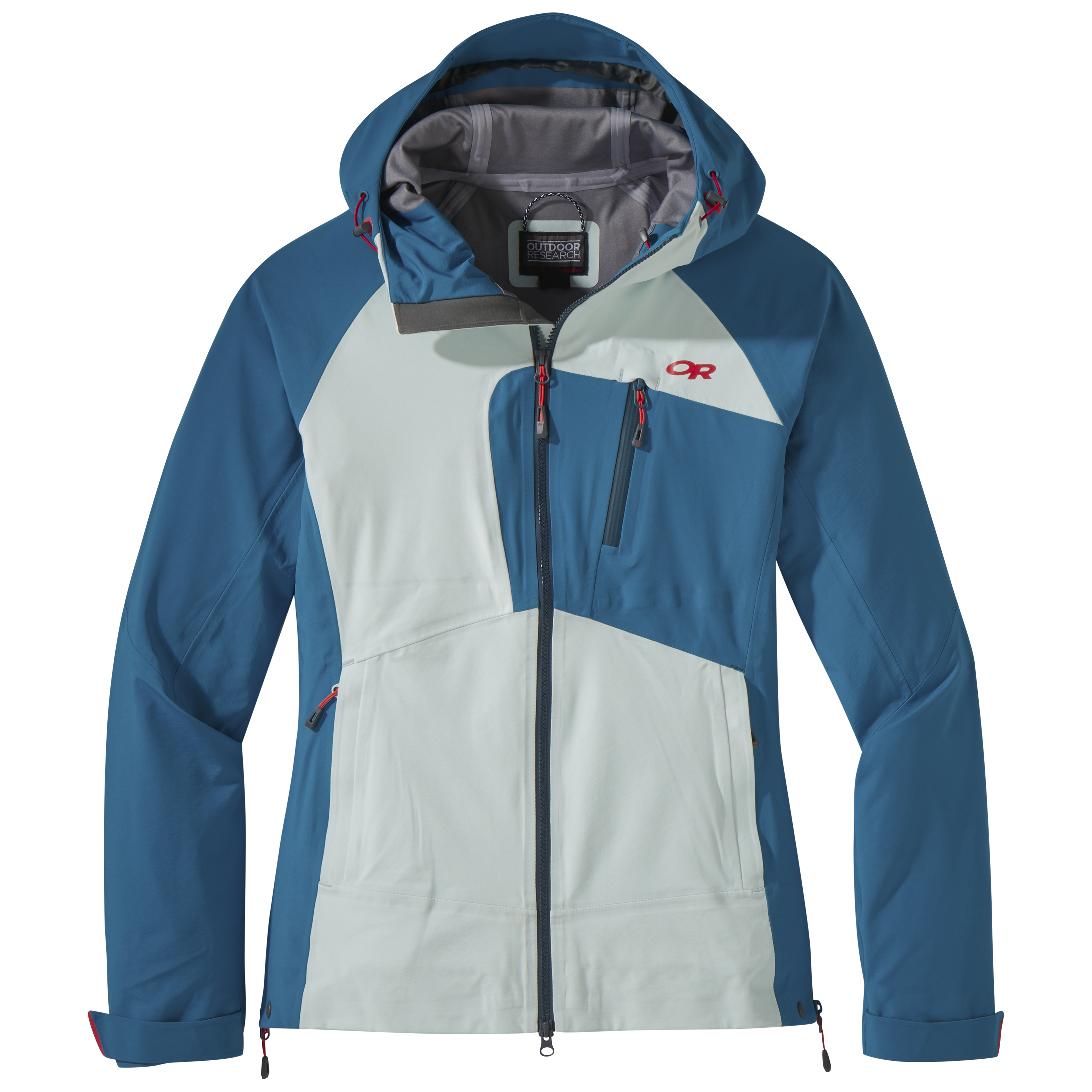 2680941627 Teal and light blue Outdoor Research Skyward II jacket with AscentShell sits on a white background.