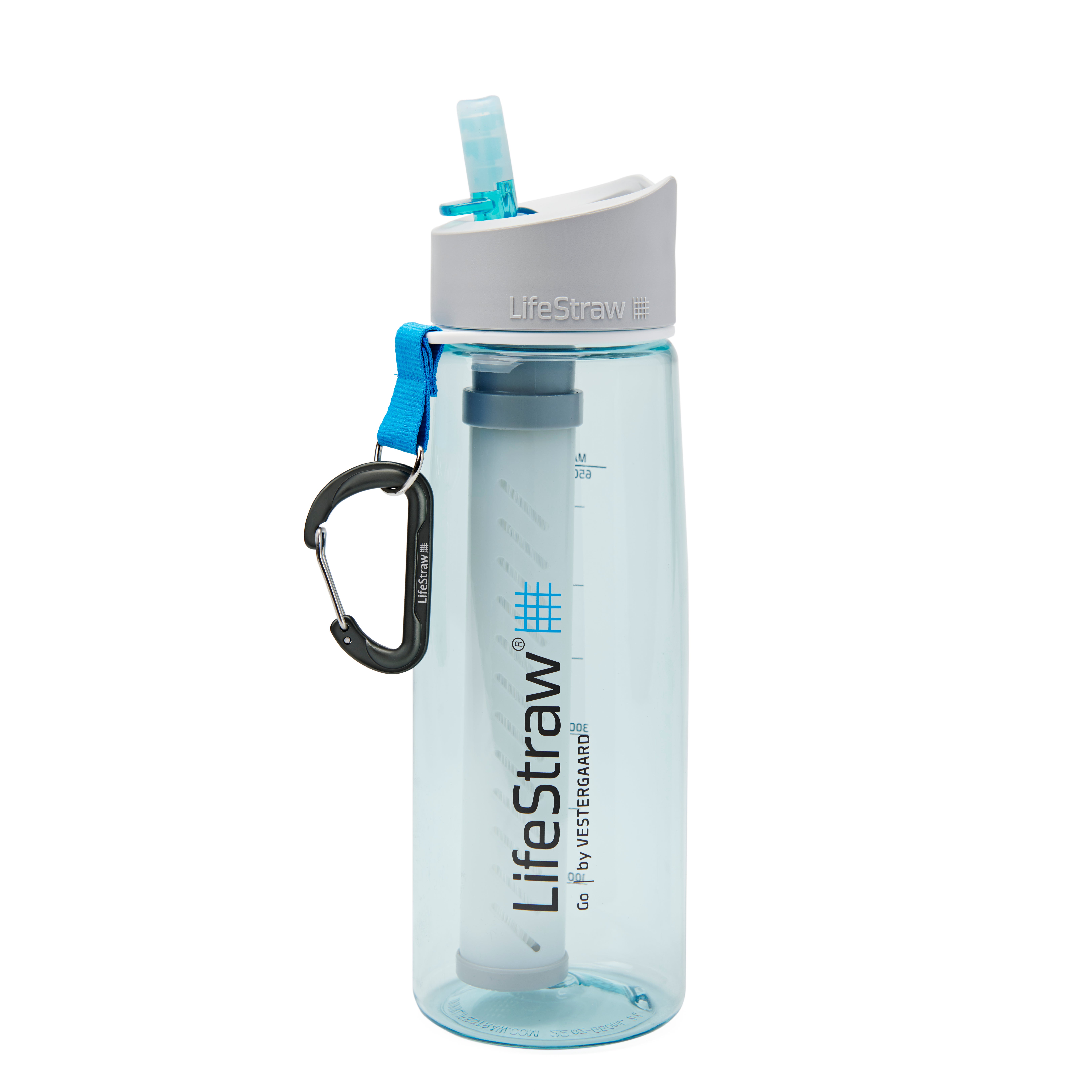 LifeStraw-Go_Transparent-Blue_Studio-Single-Shot-Vertical_02 LifeStraw Go bottle has a filter attached to the inside of the cap. A black carabiner hangs from the rim. The translucent blue bottle reads:…